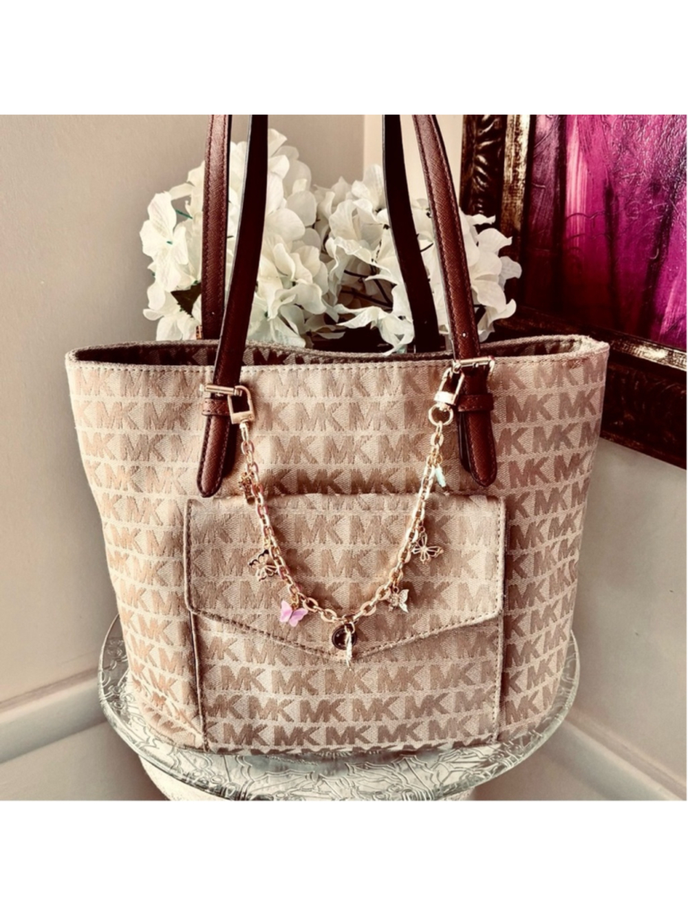 MICHAEL KORS JET SET TRAVEL SIGNATURE MEDIUM DOUBLE POCKET TOTE EUC